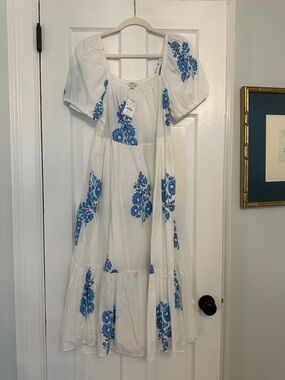 J. Crew Factory White Maxi Dress with Blue Floral Embroidery